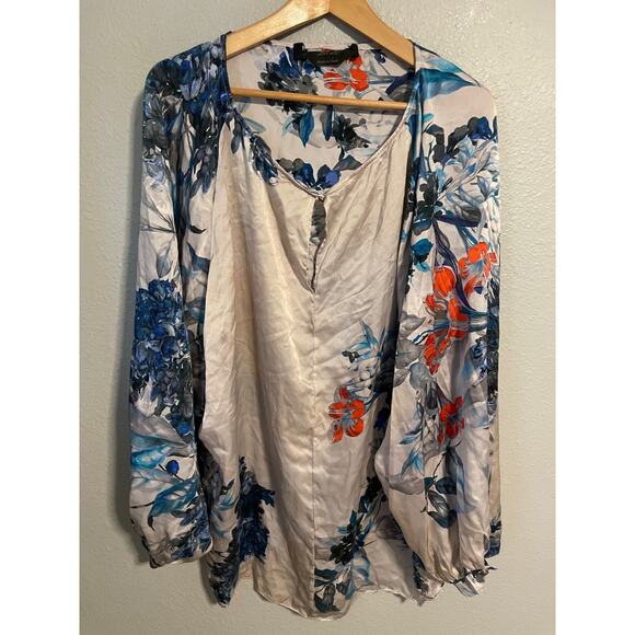 Pura Seta Blouse Womens 2XL 54 Silk Made in Italy Sheer Floral Print Shirt Artsy - Picture 1 of 7